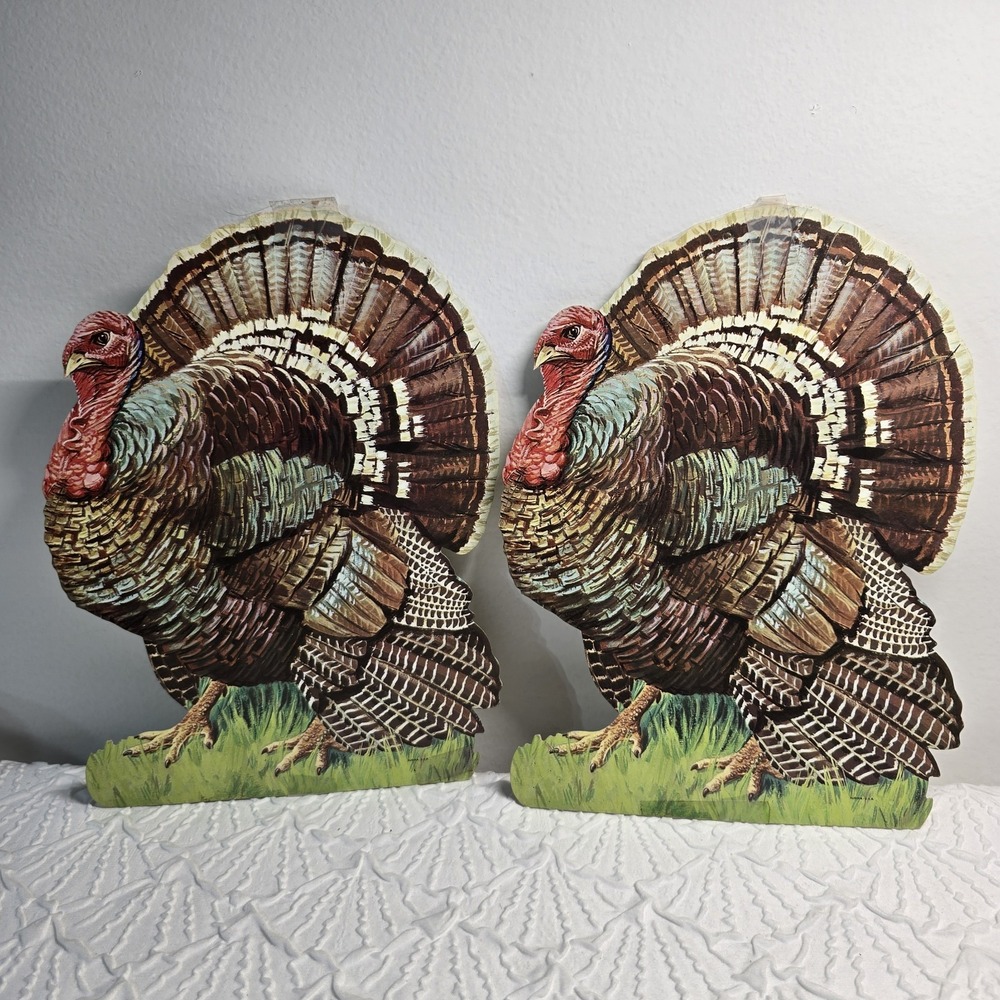 Vtg Eureka Thanksgiving Turkey Die Cut Paper Cutout‎ Wall Decor Window Lot of 2